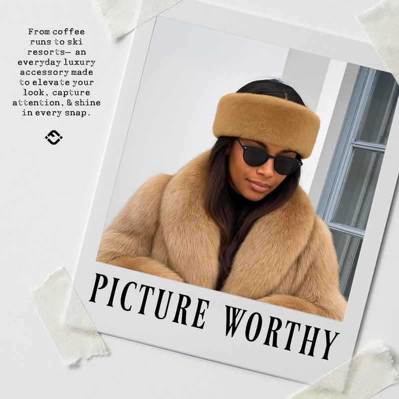 Funky Junque Fuzzy Headbands for Women – Fluffy Faux Fur Ear Warmer Head band, Warm Winter Furry Ear Muff Head Wrap Cozy Fit - Camel - Image 4